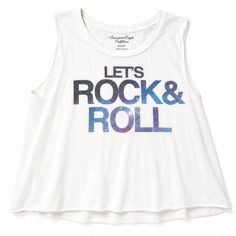 American Eagle Rock & Roll Galaxy Graphic Tank Top‎ White XS Raw Hem Sleeveless